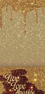 Golden glitter wallpaper with 'Live Love Sparkle' text.