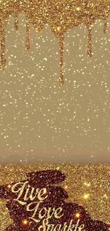 Inspirational gold glitter wallpaper with 'Live Love Sparkle' text.