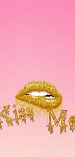 Gold glitter lips with 'Kiss Me' on pink background.