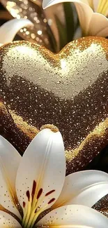 Golden heart with white lilies glitter design.