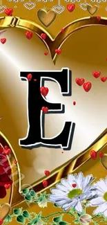 Gold heart wallpaper with vibrant flowers and letter E.