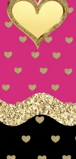 Pink and black wallpaper with gold heart accents.