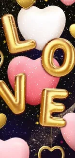 Gold letters and hearts on dark background.