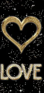 Gold heart and love text on black background with shimmering details.