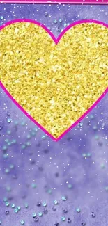 Gold glitter heart on a purple shimmering background wallpaper.