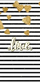 Gold hearts and stripes wallpaper with love text.