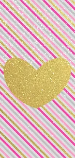 Gold textured heart on pink and gold striped wallpaper.