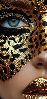 Artistic gold leopard mask on woman's face