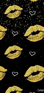 Gold lips and hearts pattern on black wallpaper.