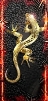 Gold lizard on fiery lava textured wallpaper with exotic design.