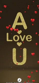 Gold alphabet and love art on dark, elegant wallpaper.