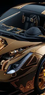 Gold luxury sports car with intricate design details.