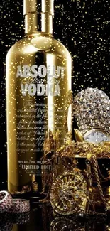 Gold vodka bottle with luxury items in rich, elegant display.