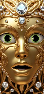 Ornate golden mask with jewels in wallpaper design.