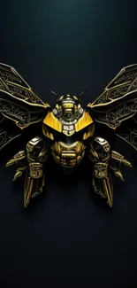 Gold mechanical bee design on dark background, mobile wallpaper.