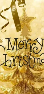 Gold Merry Christmas wallpaper with festive tree design.