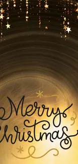 Festive gold Merry Christmas wallpaper with stars and swirls.