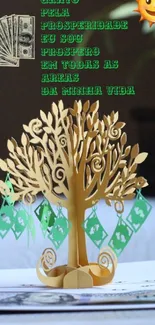 Golden money tree with green accents on a mobile wallpaper.