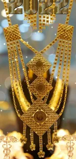 Luxurious gold necklace with ornate design and sparkling accents in 2022 theme.