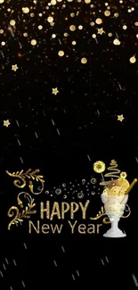 Festive New Year wallpaper with gold stars and text on a black background.