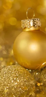 Gold ornament mobile wallpaper with festive holiday decor.