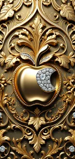 Luxurious golden apple with diamond accents on ornate background.