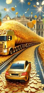 Golden roads with luxury vehicles and a stream of coins.