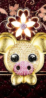 Gold pig and floral design wallpaper with dark red background.