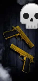 Two gold pistols with a skull on a dark smoky background.