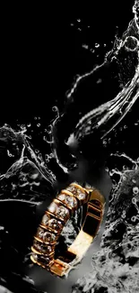 Elegant gold ring with diamonds splashing through water on a dark background.