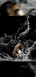 Luxurious gold ring with water splash on dark background.