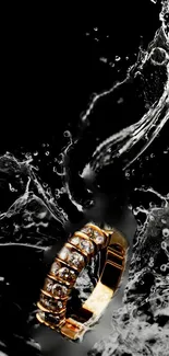 Gold ring with water splash on a black background.
