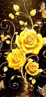 Golden roses and butterflies on black background wallpaper.