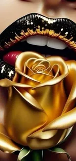 Gold rose with shiny black lips artwork.