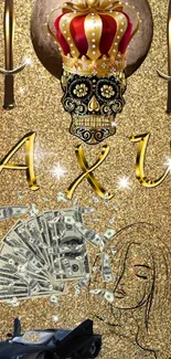 Gold glitter wallpaper with crowned skull and money art.