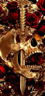 Gold skull with red roses wallpaper for mobile.