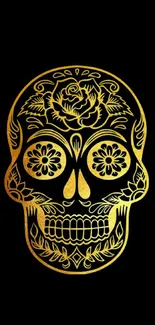 Gold intricate sugar skull on black background.