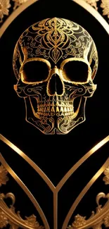 Intricate gold skull art on black background wallpaper.