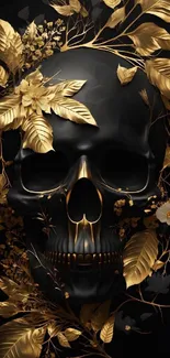 Golden skull with floral design on dark background mobile wallpaper.