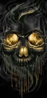 Dark wallpaper with a golden, glowing skull design.