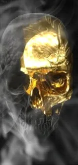 Golden skull design with smoky dark background.