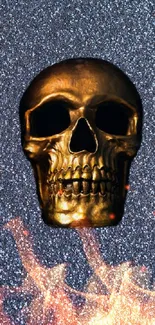 Gold skull on a black glittery background, stylish phone wallpaper.