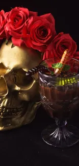 Gold skull with red roses and dessert glass on dark background.