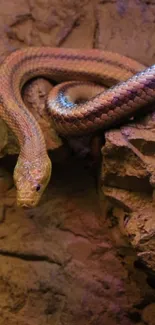 Golden snake coiled on rocky background with earthy tones.