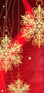 Gold snowflakes on a vibrant red background, perfect for holiday decor.