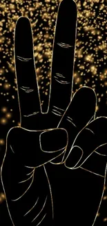 Victory hand sign with gold sparkles on black background.