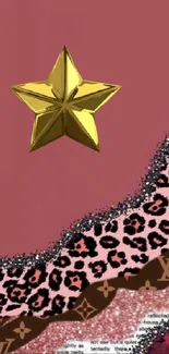 Gold star over pink leopard print background.