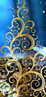 Gold swirl design on blue background wallpaper.