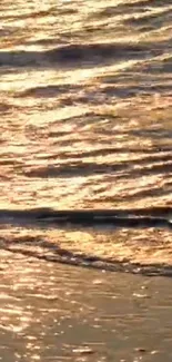 Gold-tinted ocean waves gently roll on the shore at sunset.