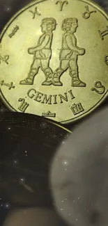 Gold zodiac coins with Gemini symbol on dark background.